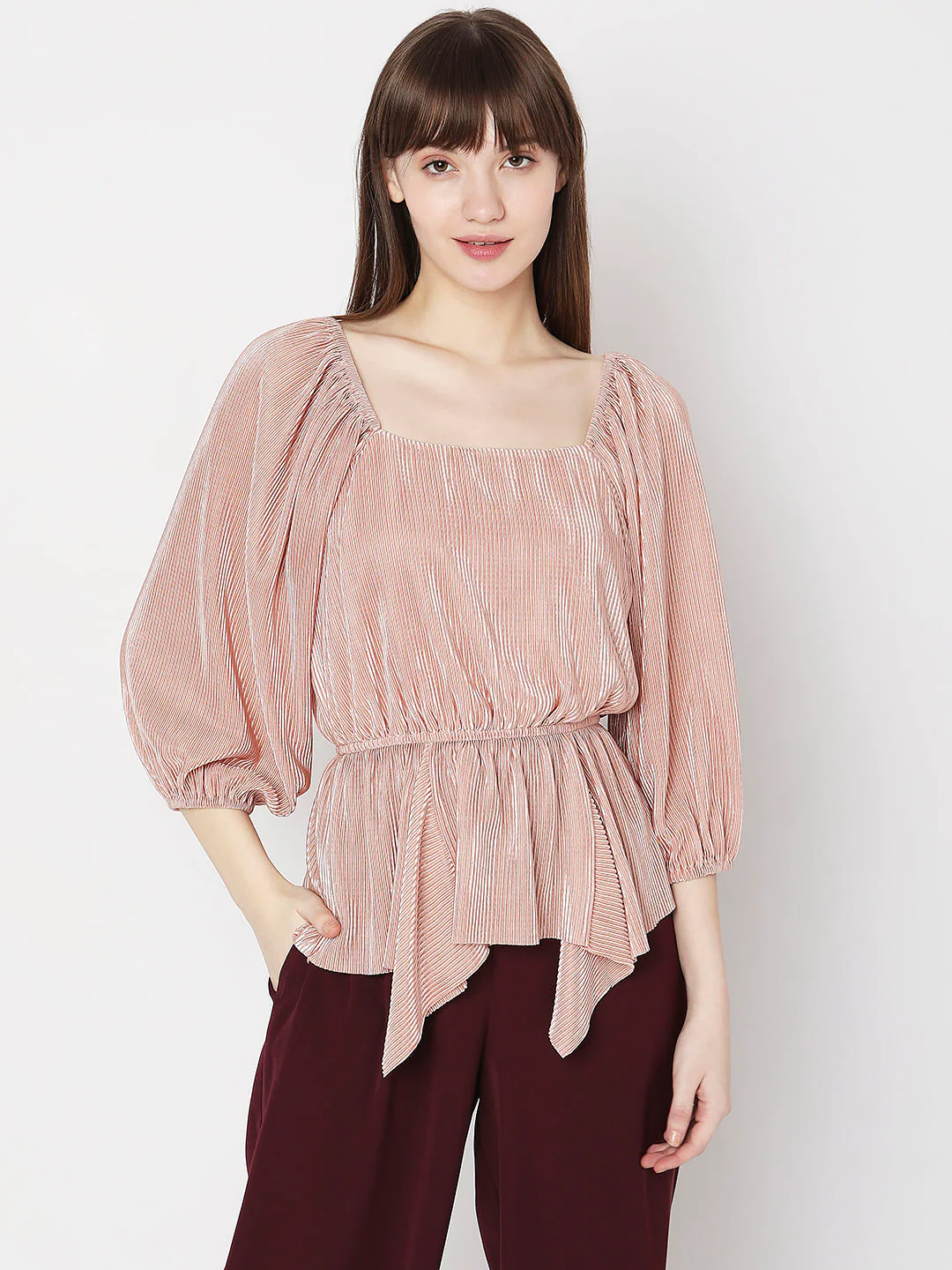 Beige Pleated Puff Sleeves Top - Image 2