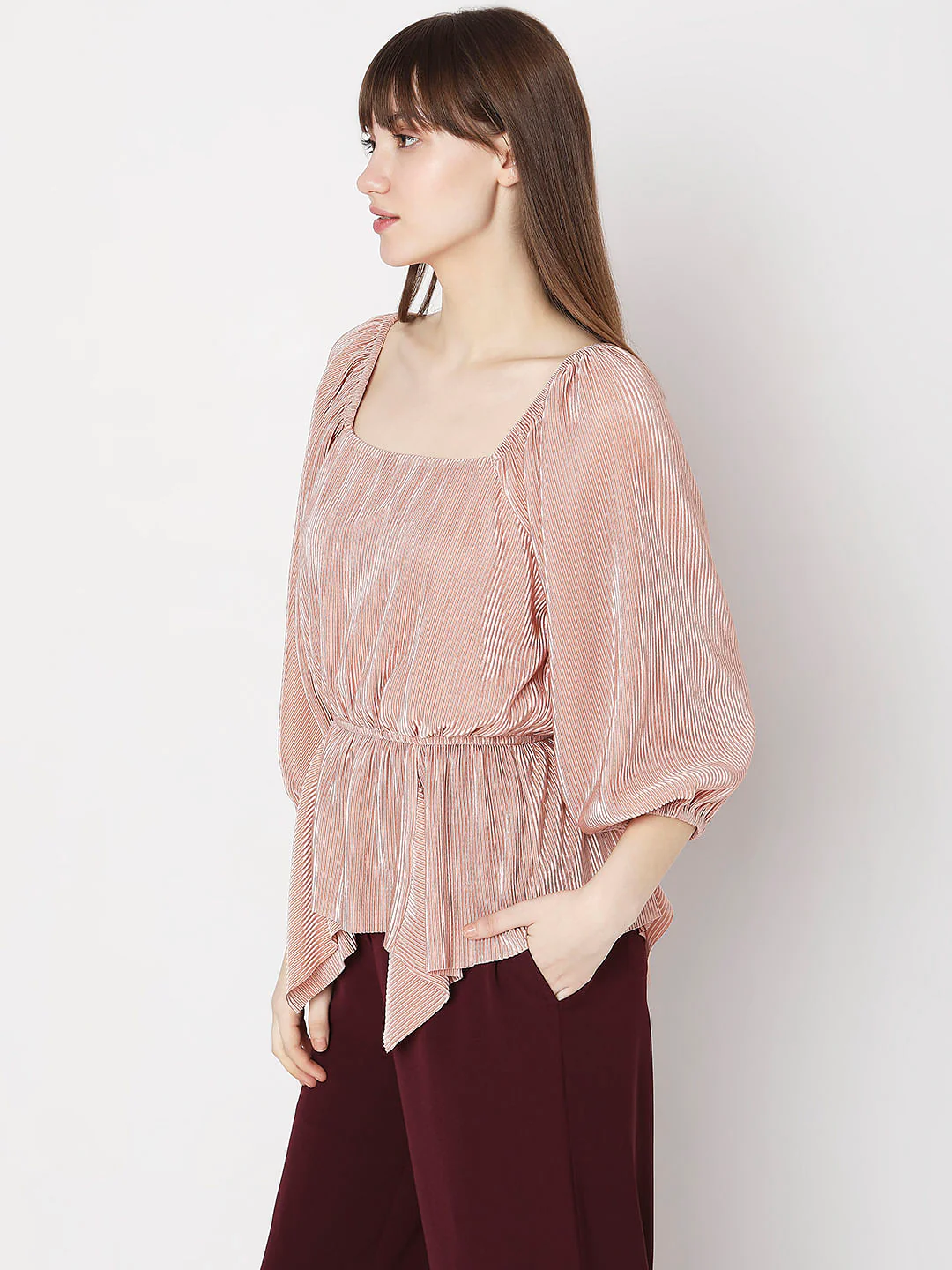 Beige Pleated Puff Sleeves Top - Image 3