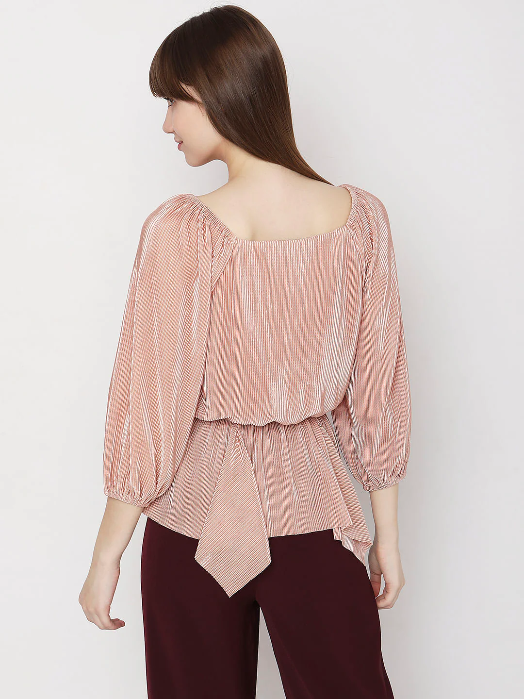 Beige Pleated Puff Sleeves Top - Image 4