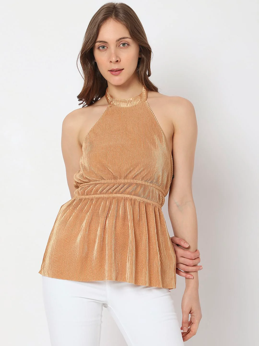 Brown Satin Pleated Top - Image 2