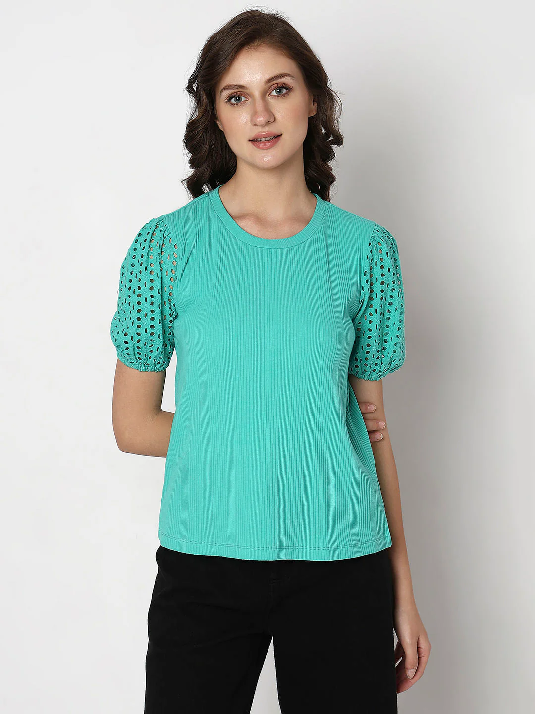 Green Schiffli Puff Sleeves Top - Image 2