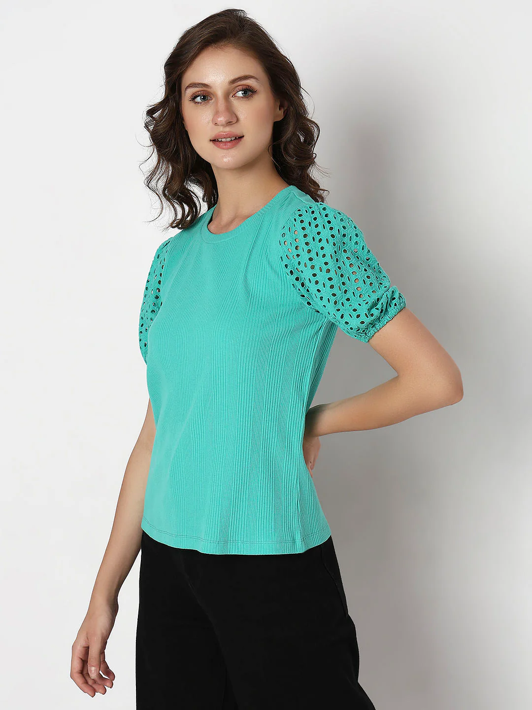 Green Schiffli Puff Sleeves Top - Image 3