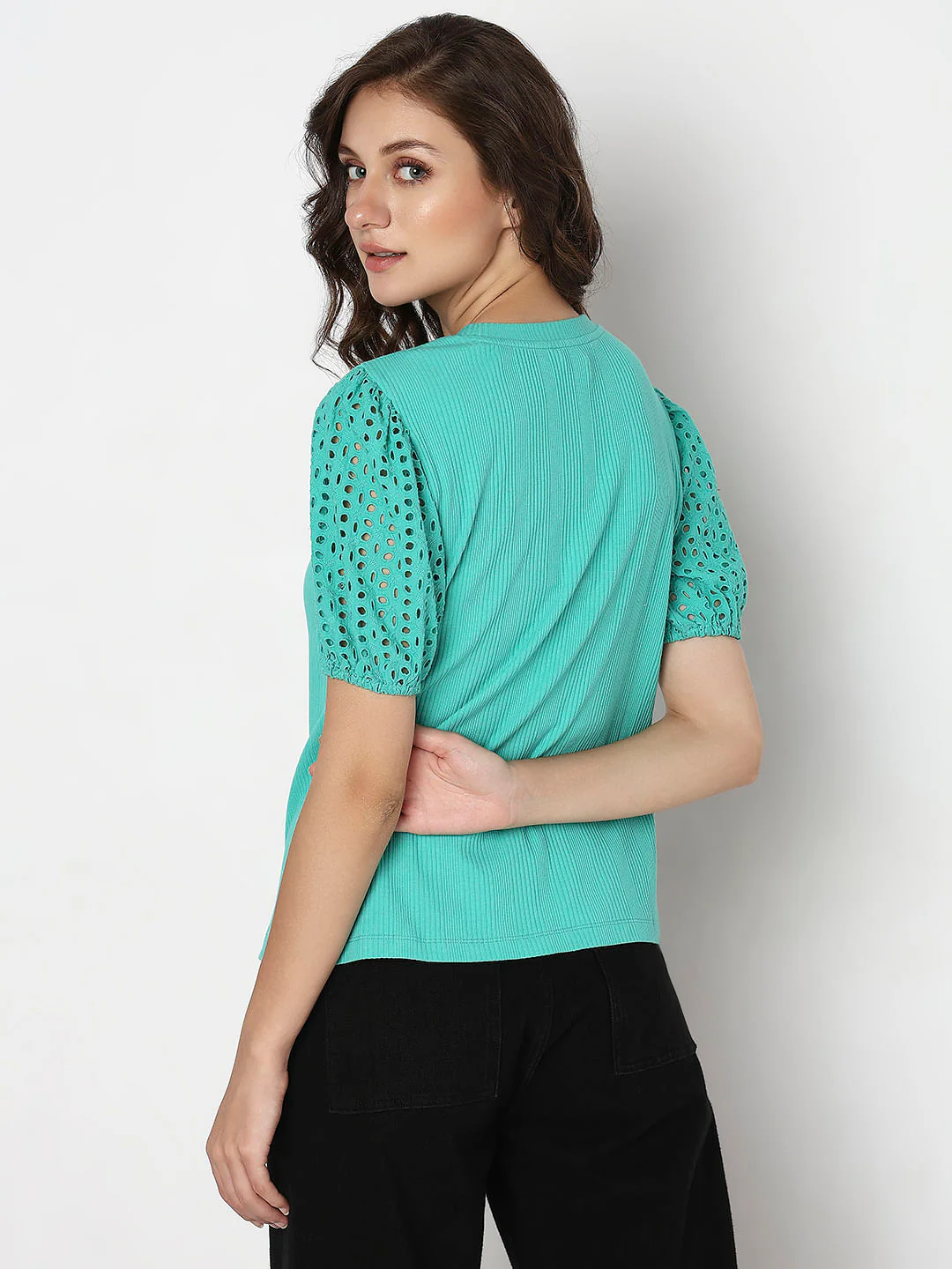 Green Schiffli Puff Sleeves Top - Image 4