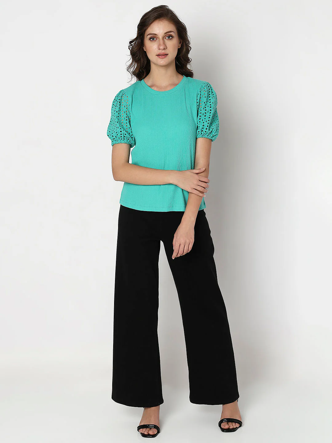 Green Schiffli Puff Sleeves Top - Image 5