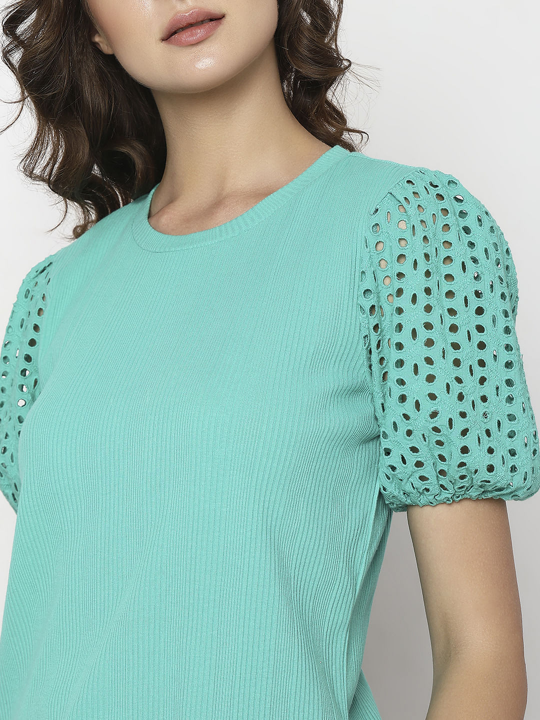 Green Schiffli Puff Sleeves Top - Image 6