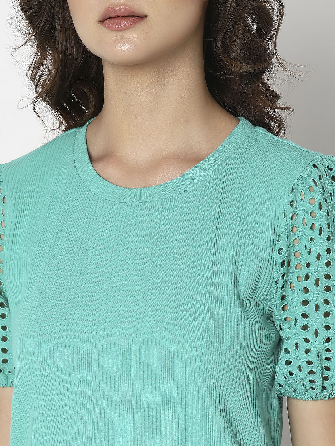 Green Schiffli Puff Sleeves Top - Image 8