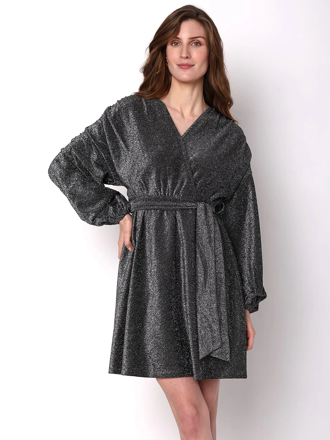 Black Shimmer Front Wrap Dress - Image 2