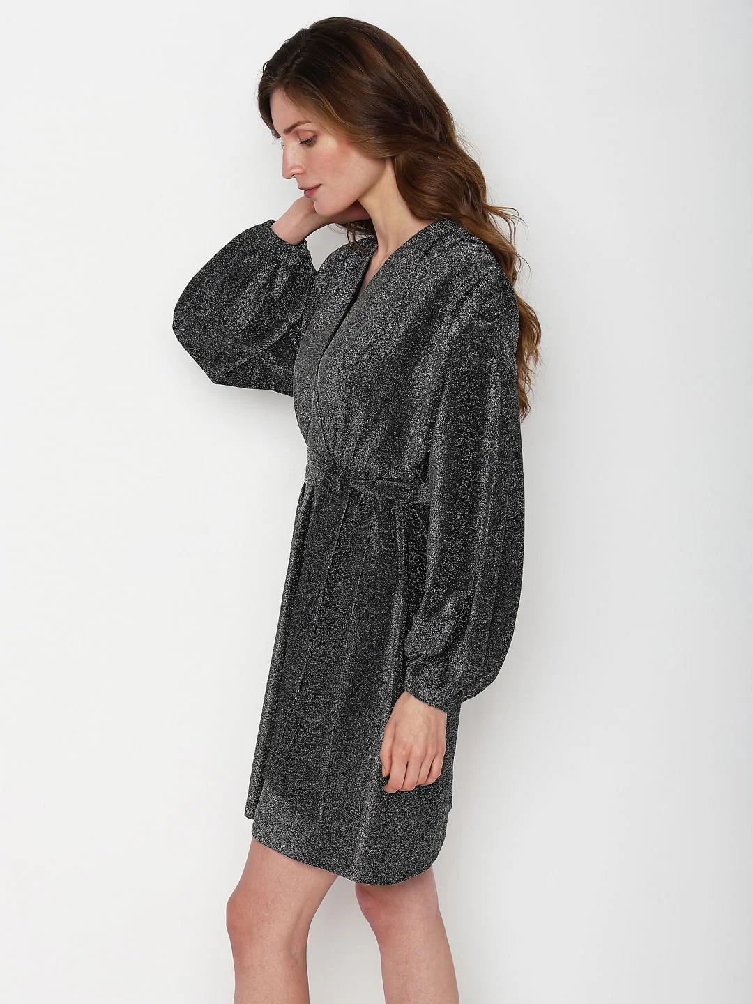 Black Shimmer Front Wrap Dress - Image 3