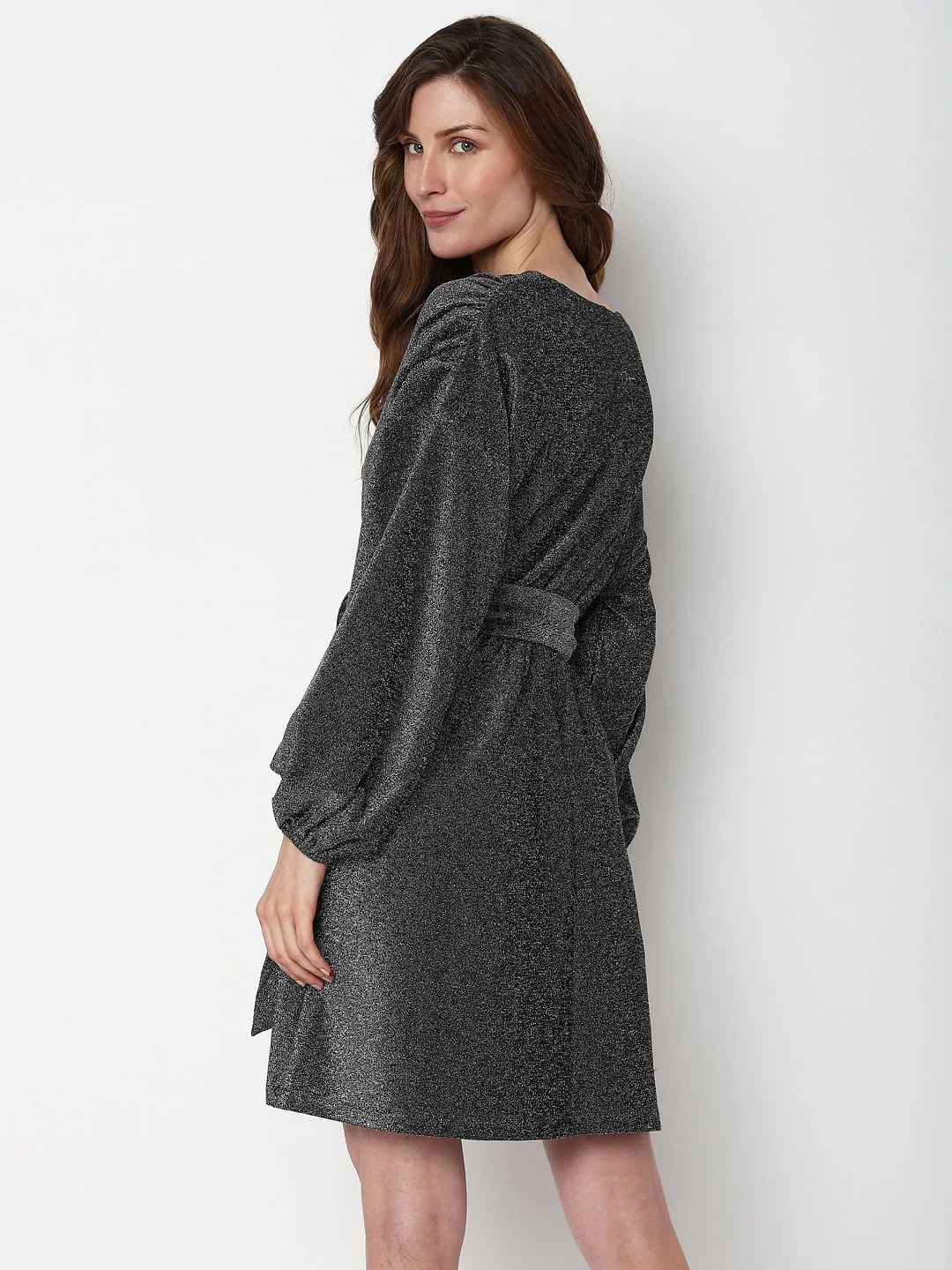 Black Shimmer Front Wrap Dress - Image 4