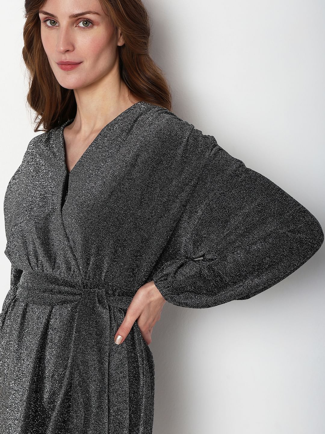 Black Shimmer Front Wrap Dress - Image 6