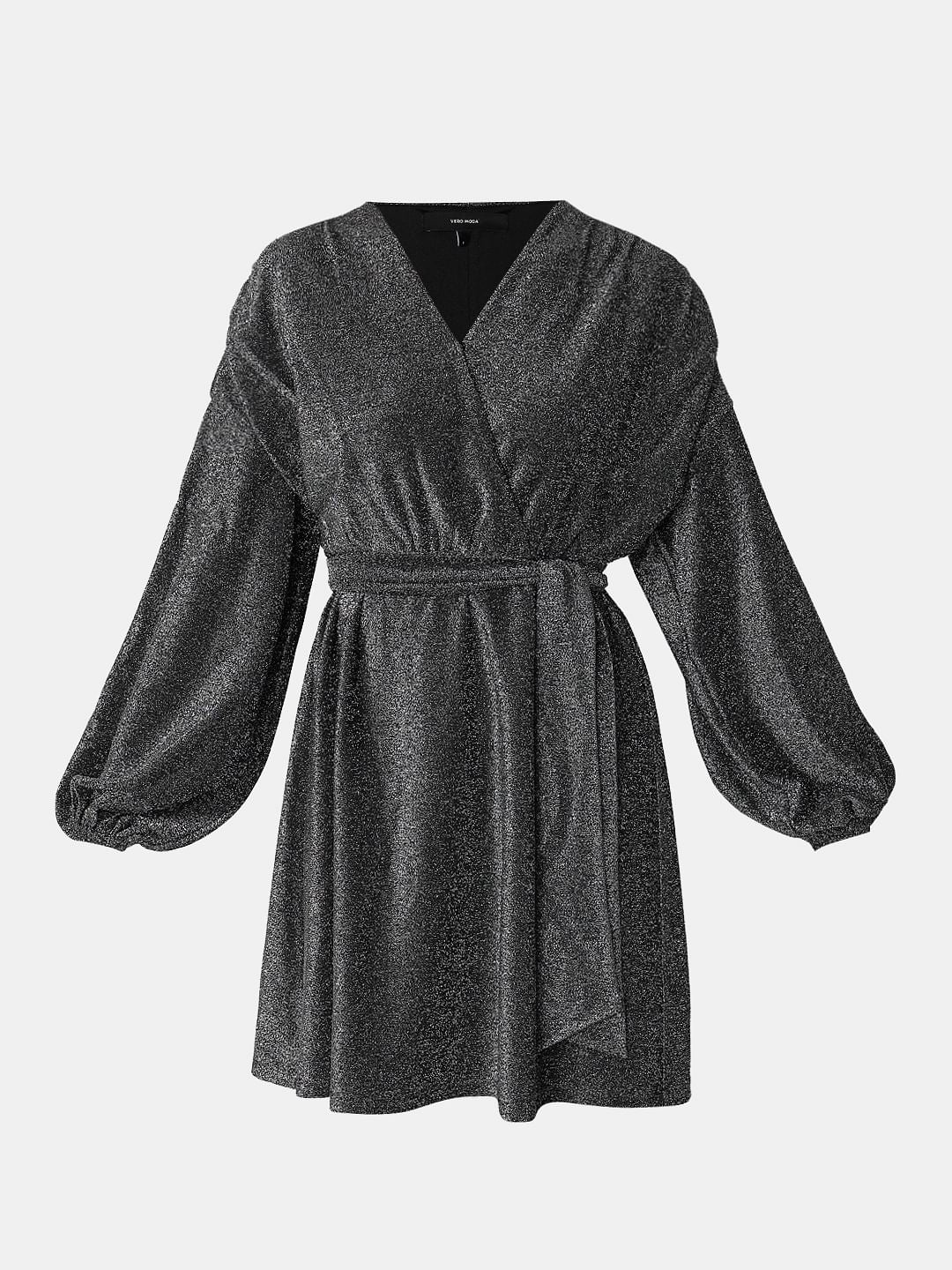 Black Shimmer Front Wrap Dress - Image 7