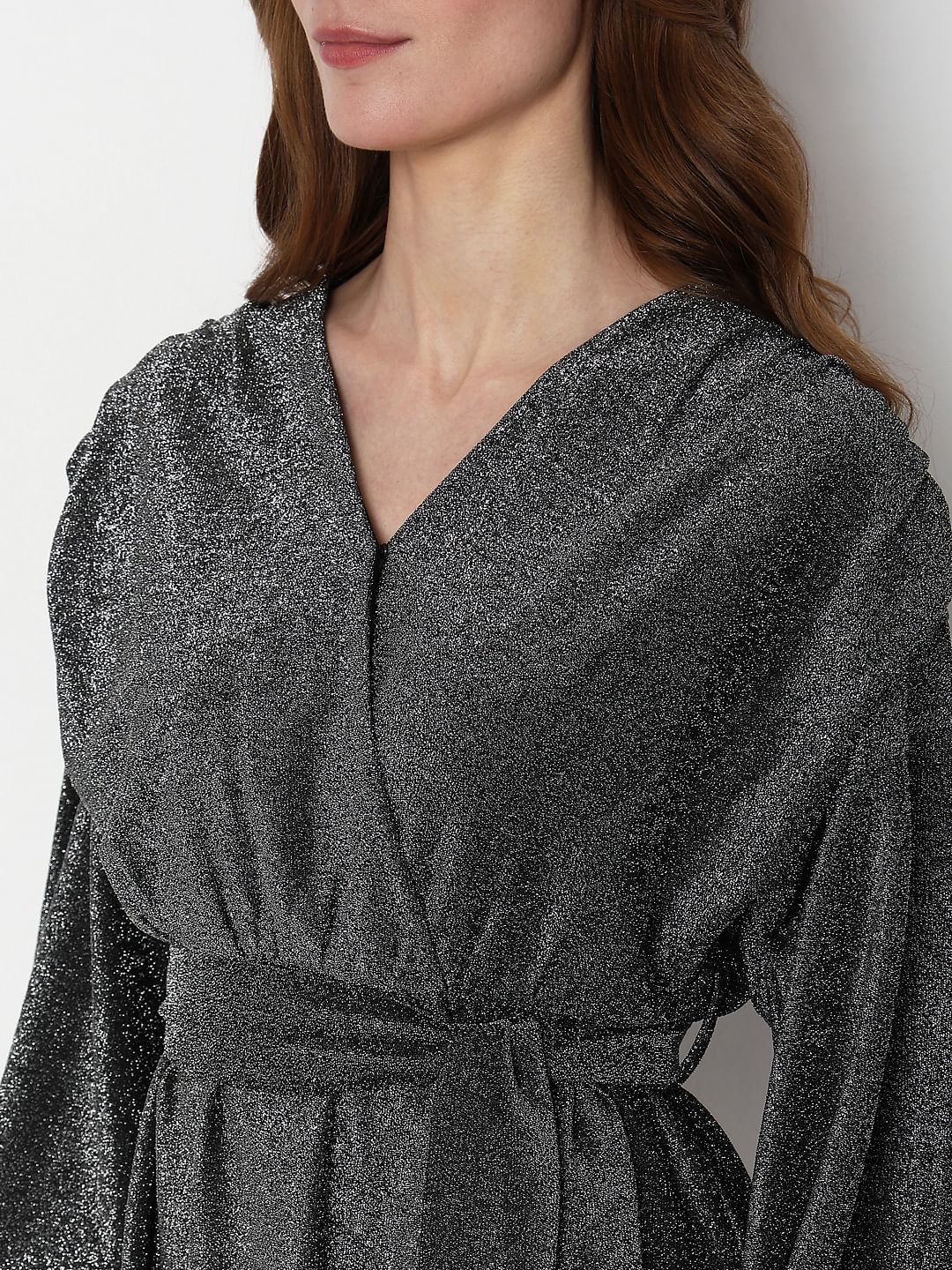 Black Shimmer Front Wrap Dress - Image 8