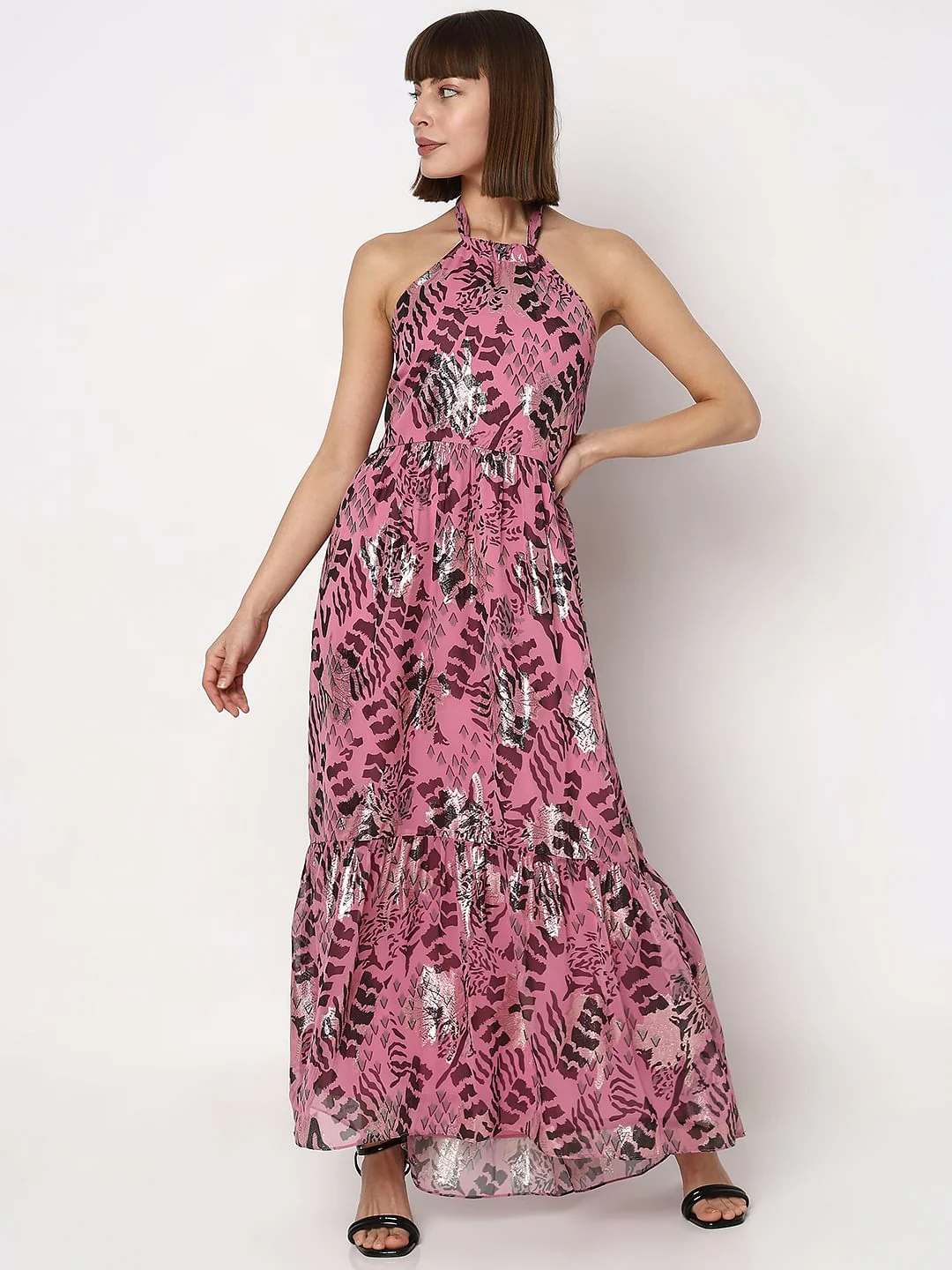 Pink Printed Halter Neck Maxi Dress - Image 2