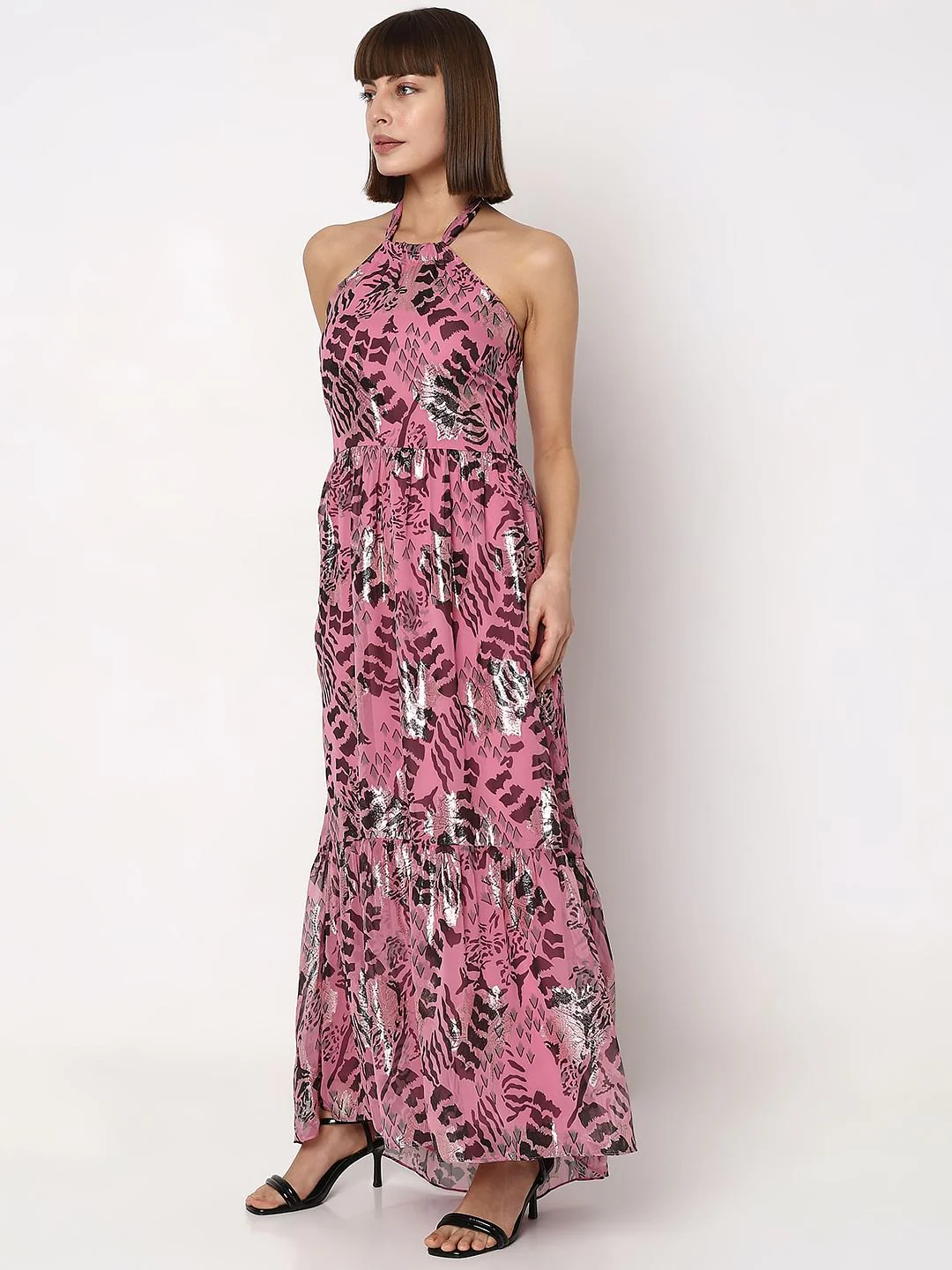Pink Printed Halter Neck Maxi Dress - Image 3