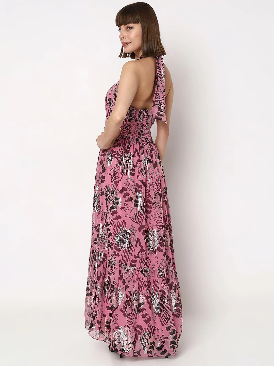 Pink Printed Halter Neck Maxi Dress - Image 4