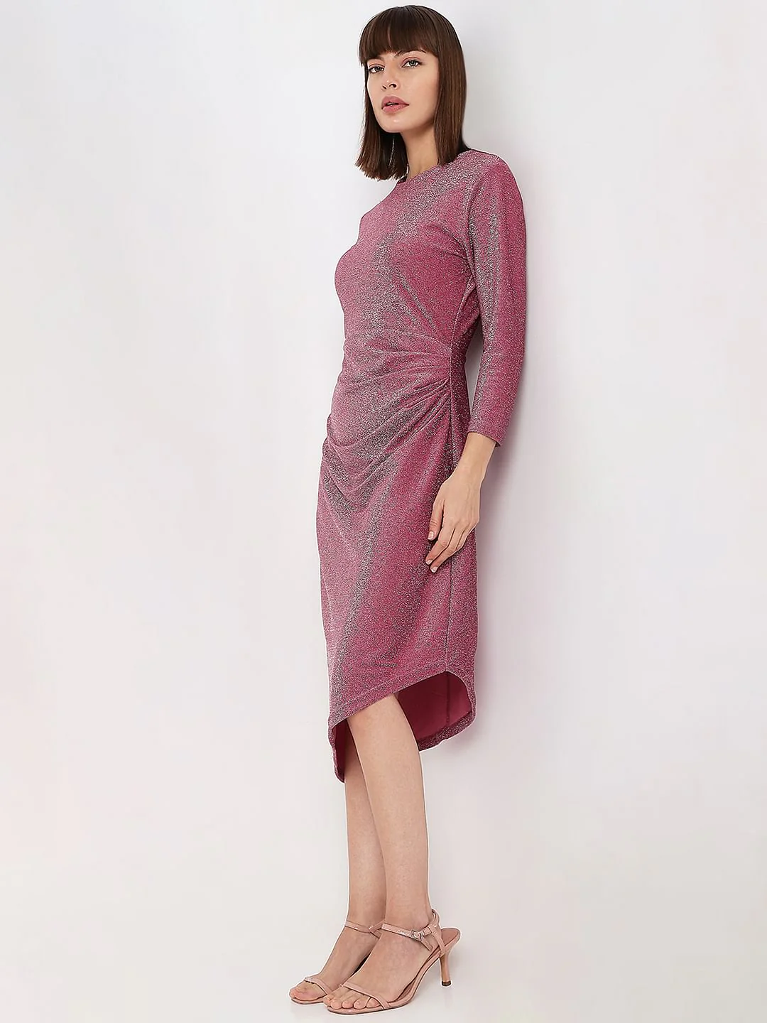 Pink Shimmer Asymmetric Midi Dress - Image 3