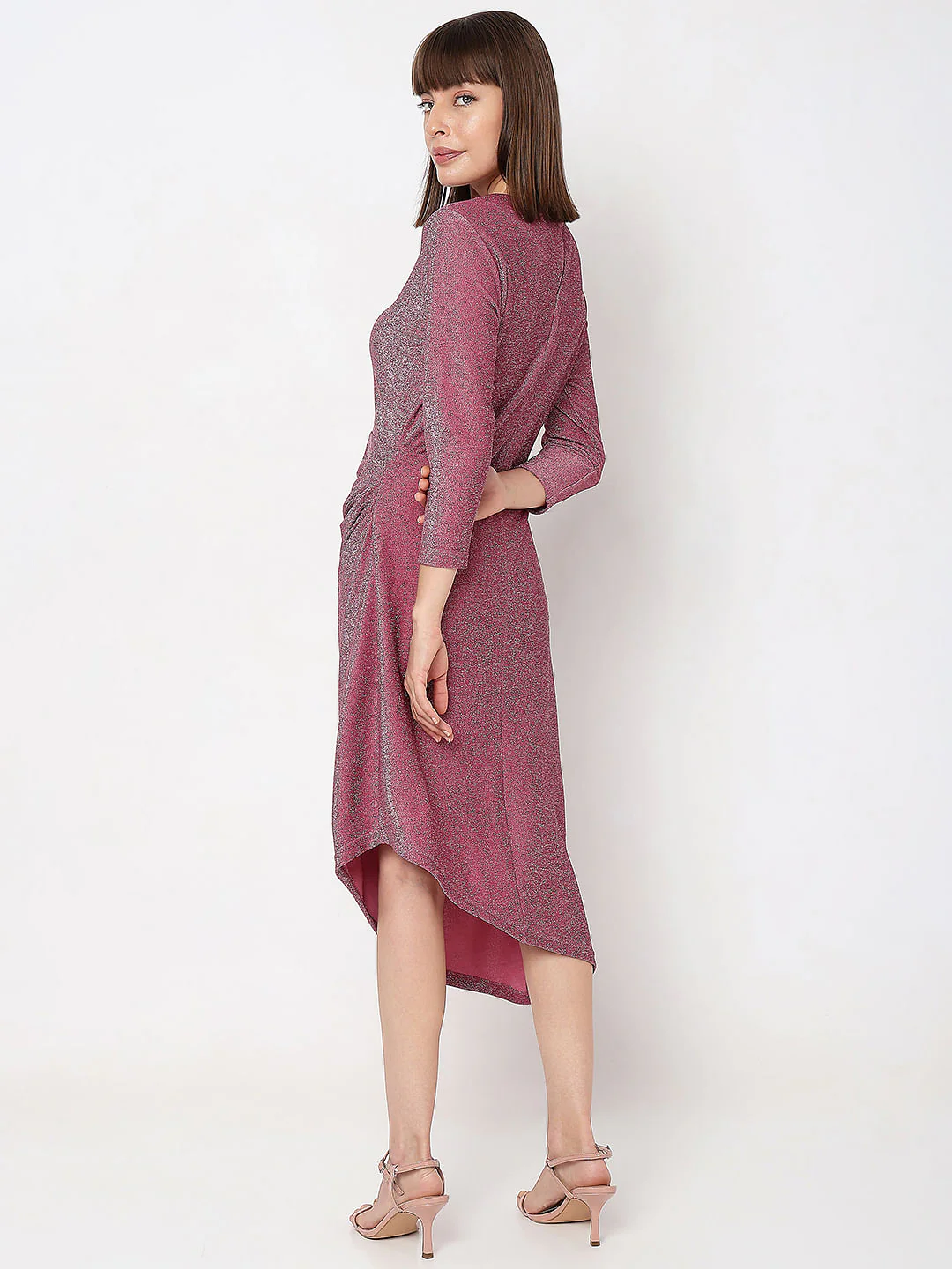 Pink Shimmer Asymmetric Midi Dress - Image 4