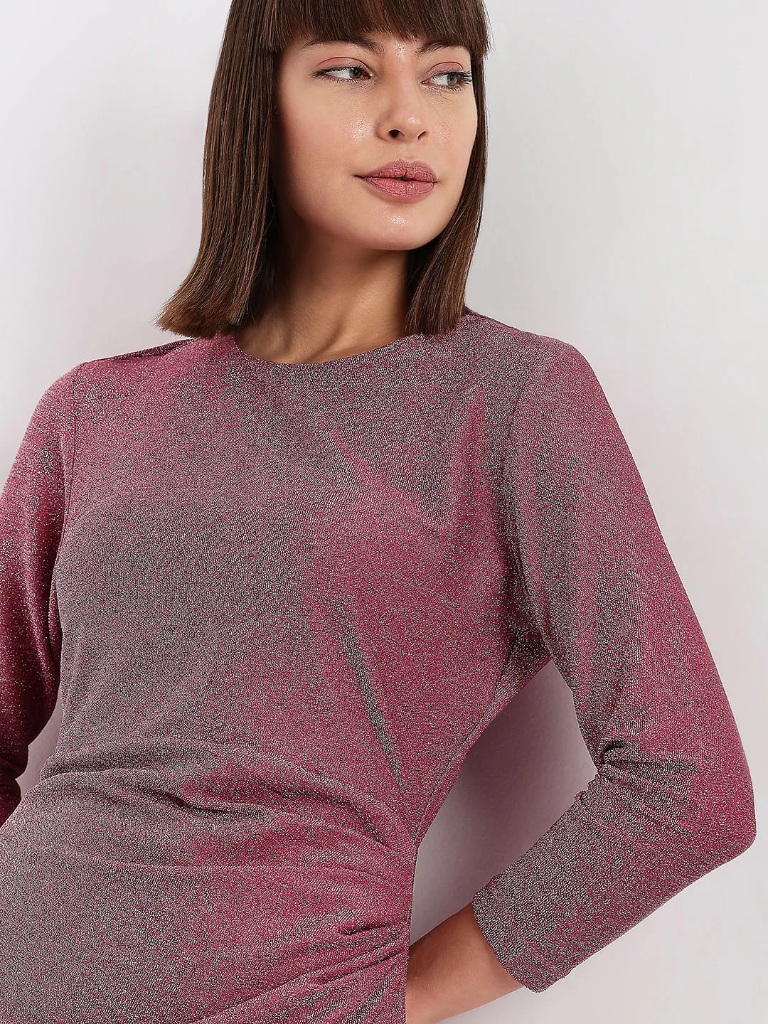 Pink Shimmer Asymmetric Midi Dress - Image 5