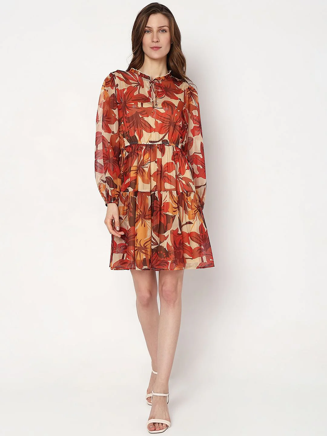 Orange Floral Print Mini Dress - Image 5