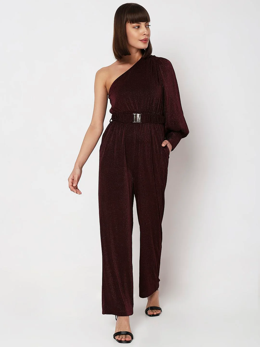 Wine Red Shimmer One-Shoulder Jumpsuit - Image 2