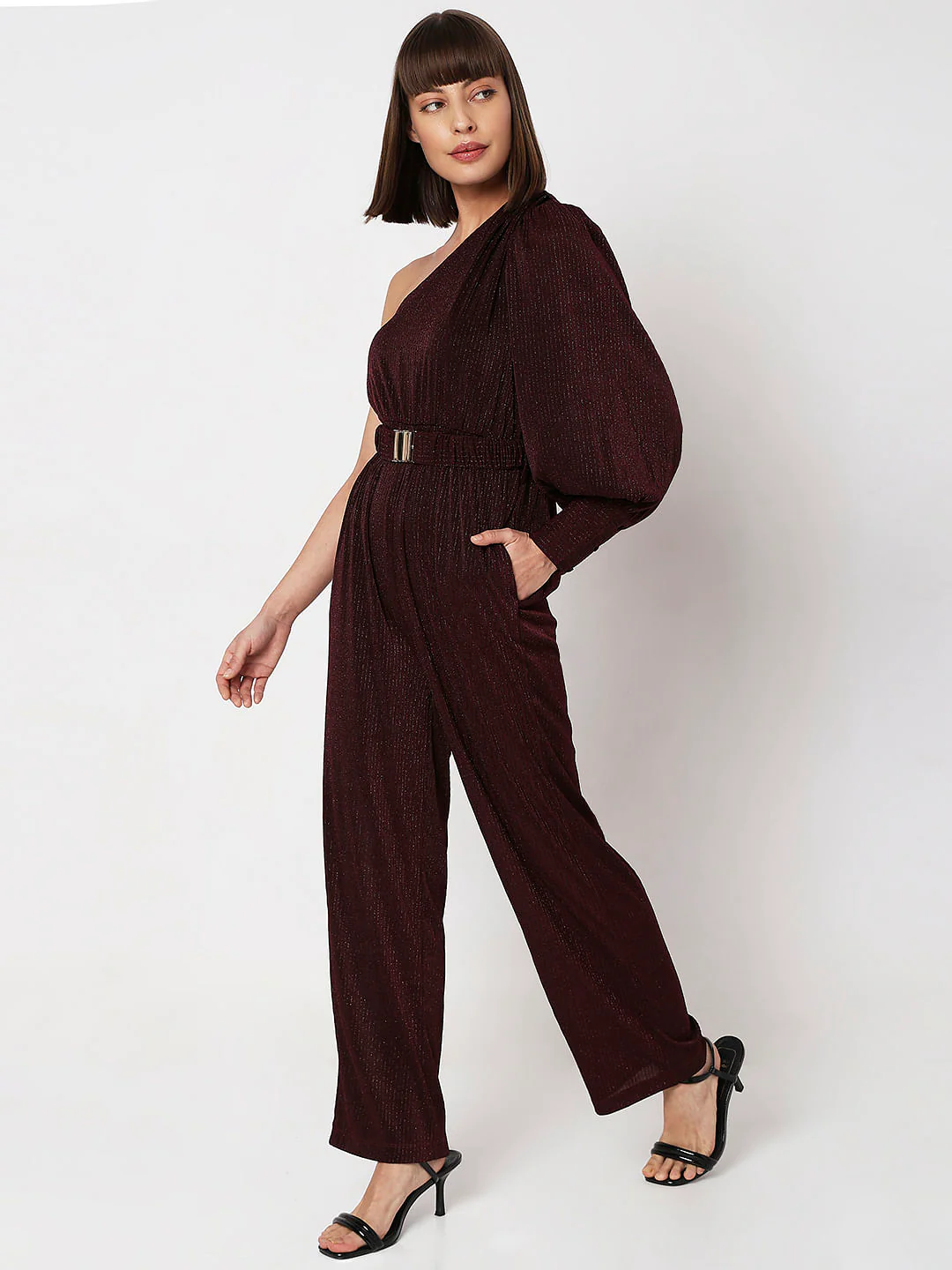 Wine Red Shimmer One-Shoulder Jumpsuit - Image 3