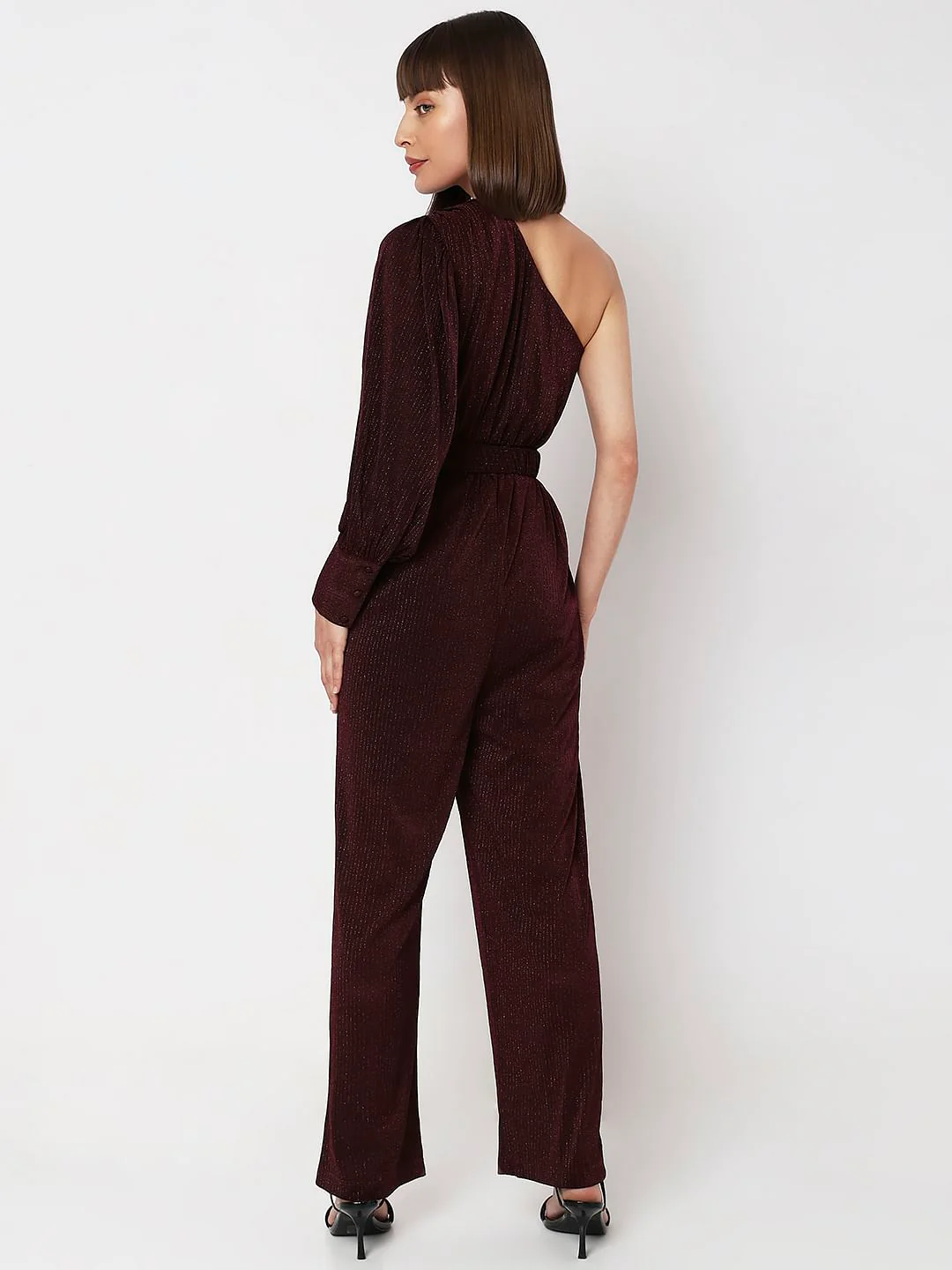 Wine Red Shimmer One-Shoulder Jumpsuit - Image 4