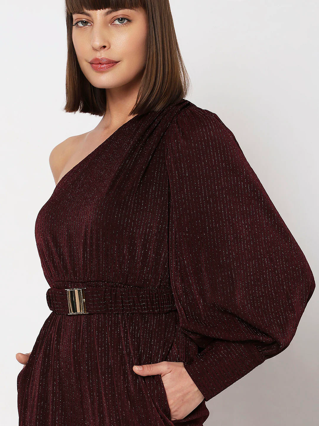 Wine Red Shimmer One-Shoulder Jumpsuit - Image 5
