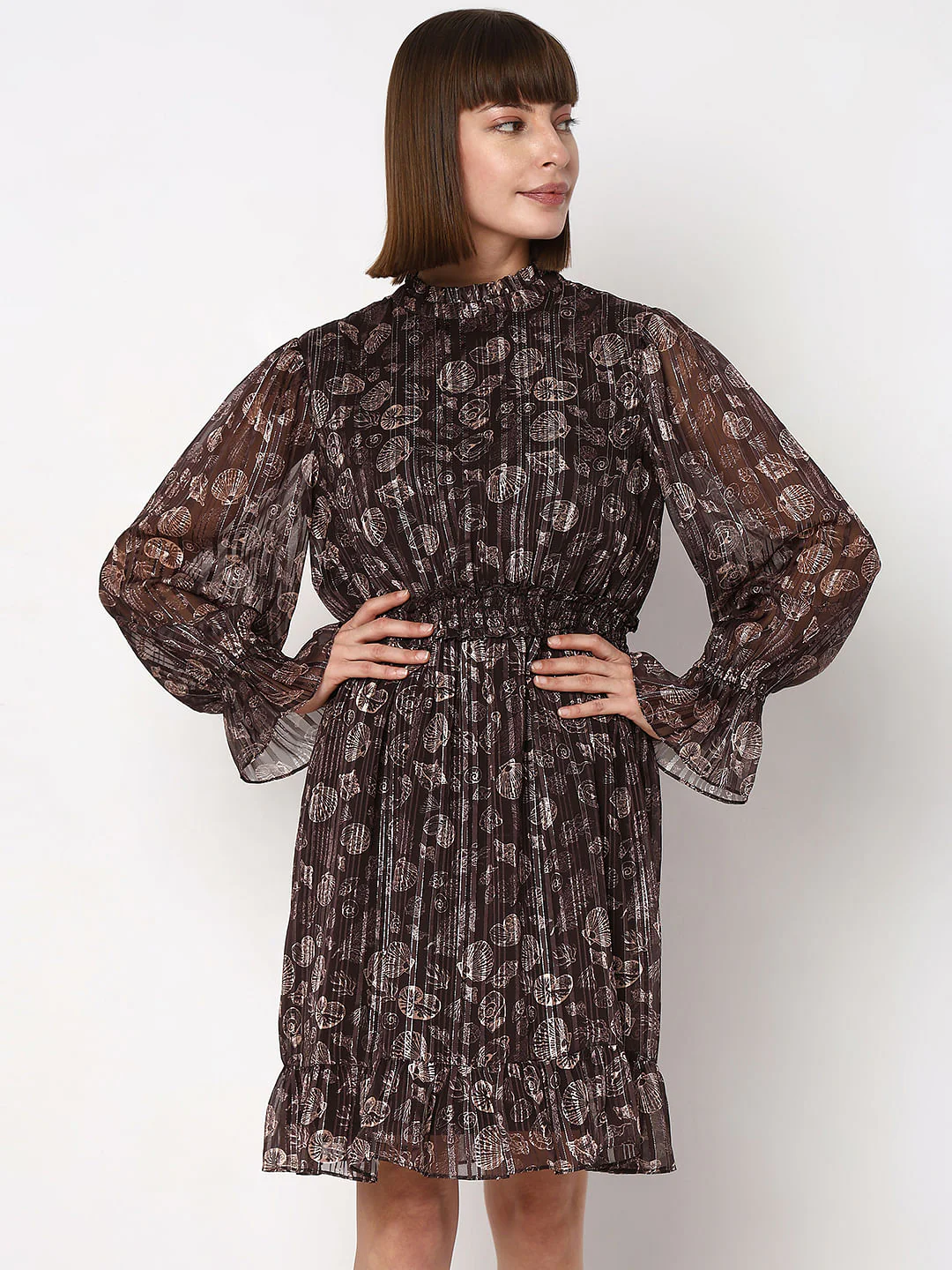 Brown Printed Lurex Fit & Flare Dress - Image 2