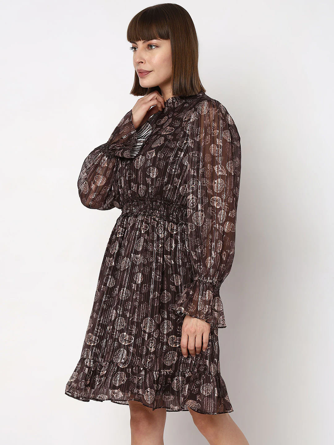 Brown Printed Lurex Fit & Flare Dress - Image 3