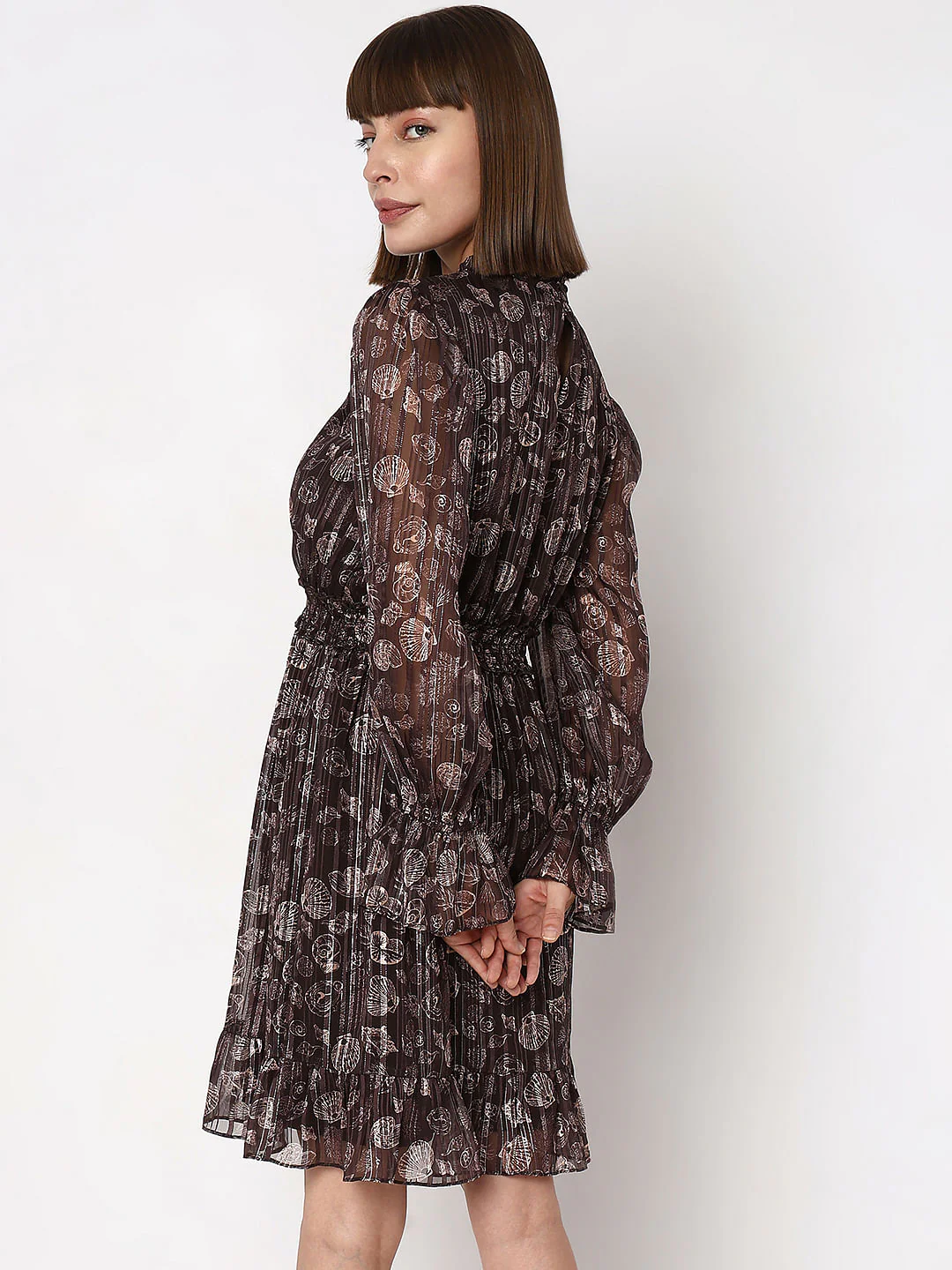 Brown Printed Lurex Fit & Flare Dress - Image 4