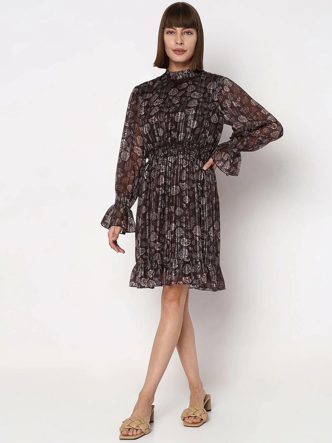 Brown Printed Lurex Fit & Flare Dress - Image 5
