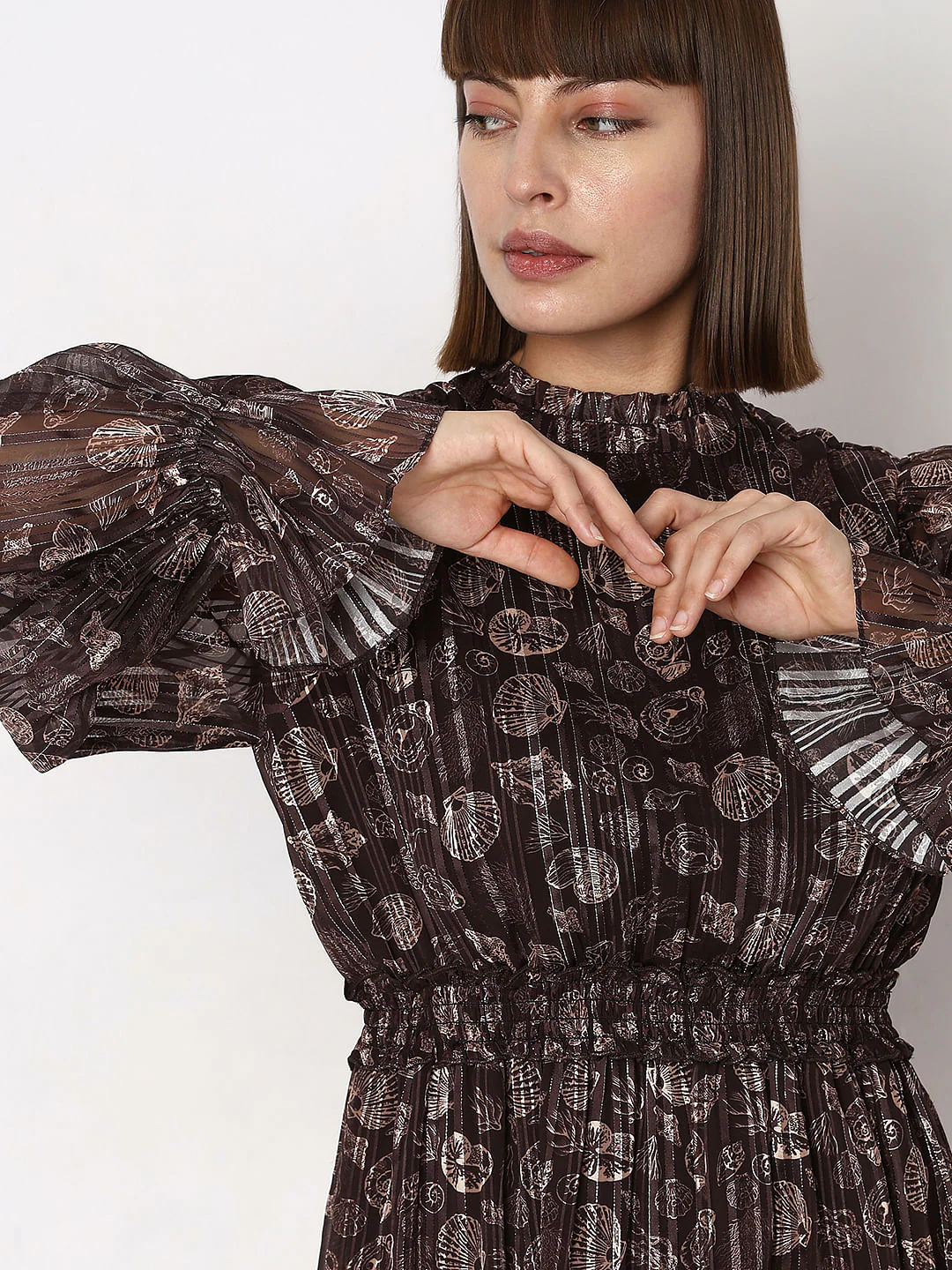 Brown Printed Lurex Fit & Flare Dress - Image 6
