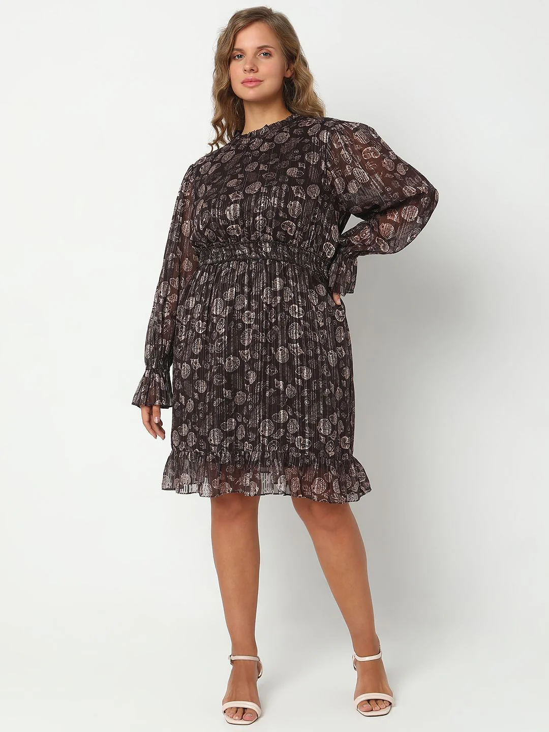 Curve Dark Brown Shell Print Dress - Image 2