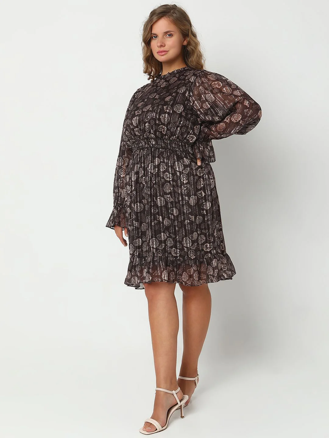 Curve Dark Brown Shell Print Dress - Image 3