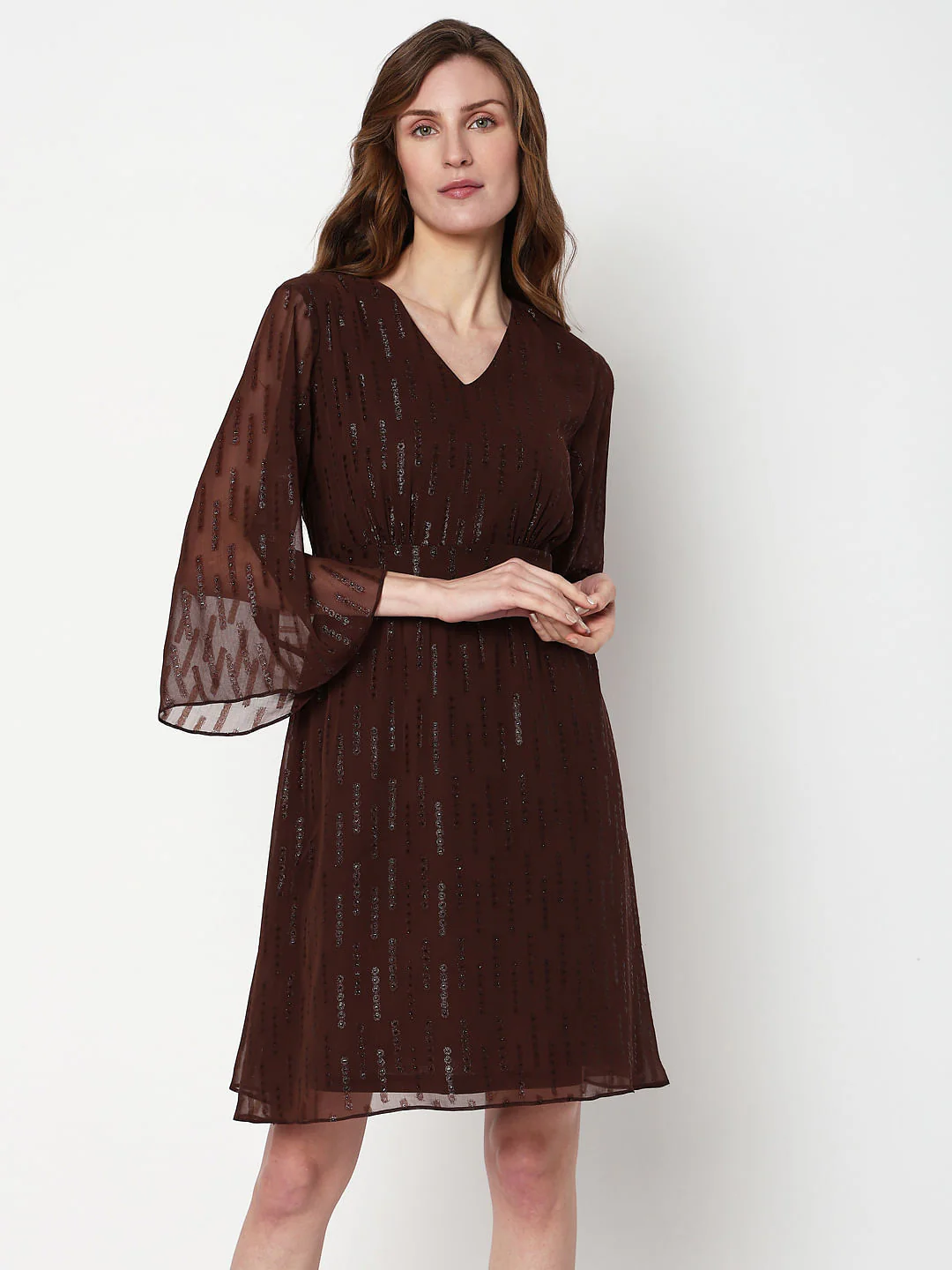 Dark Brown Lurex Flared Sleeves Dress - Image 2