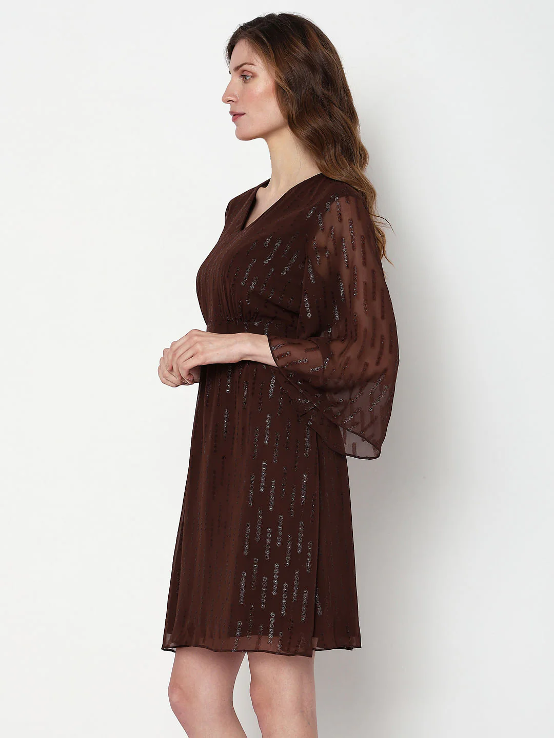 Dark Brown Lurex Flared Sleeves Dress - Image 3