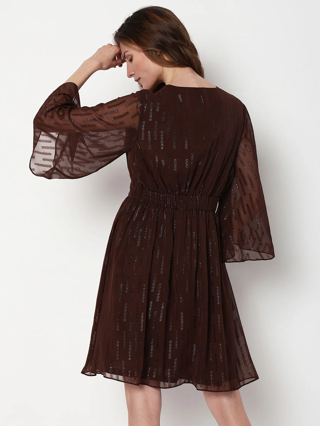 Dark Brown Lurex Flared Sleeves Dress - Image 4