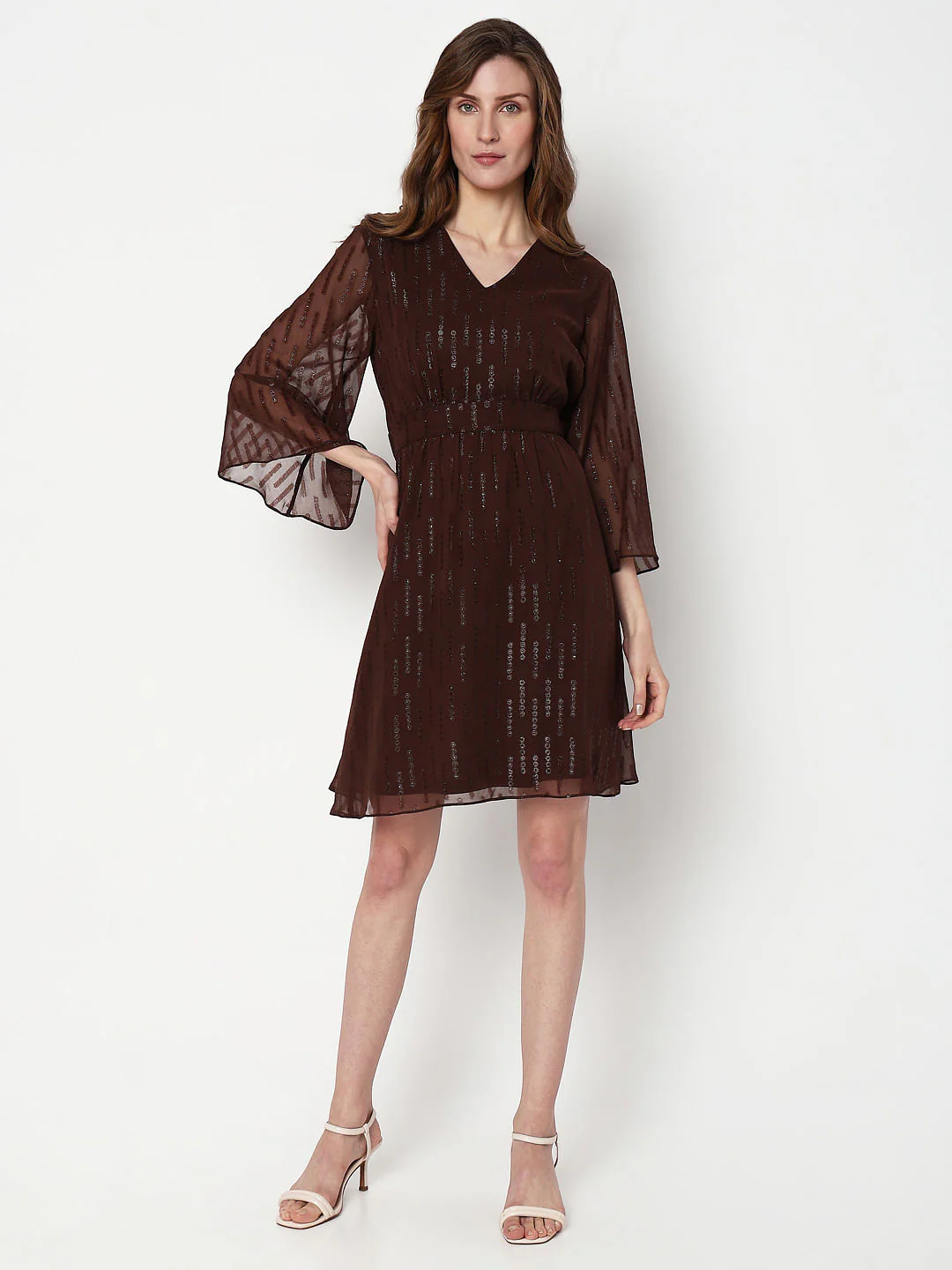Dark Brown Lurex Flared Sleeves Dress - Image 5