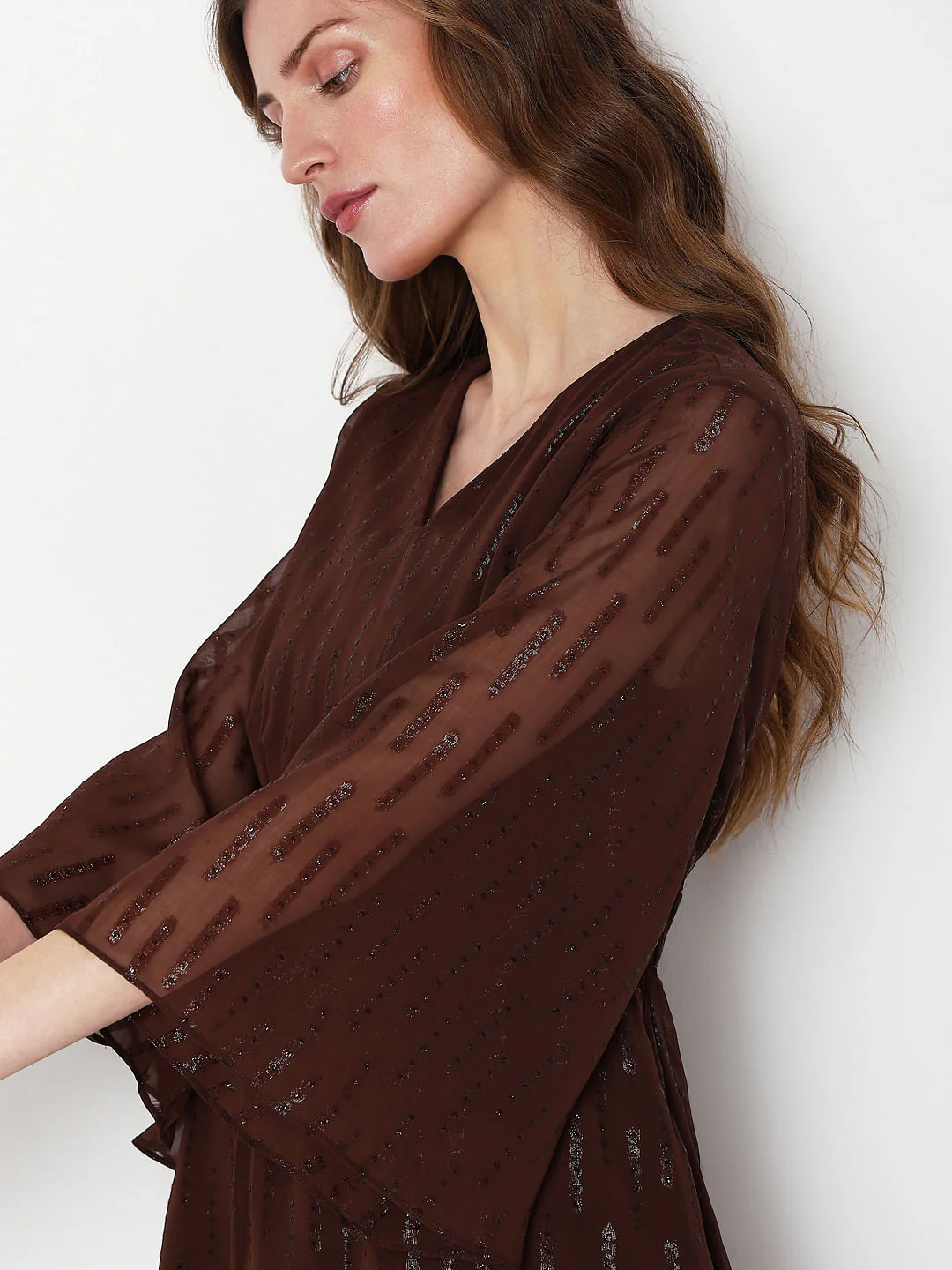 Dark Brown Lurex Flared Sleeves Dress - Image 6