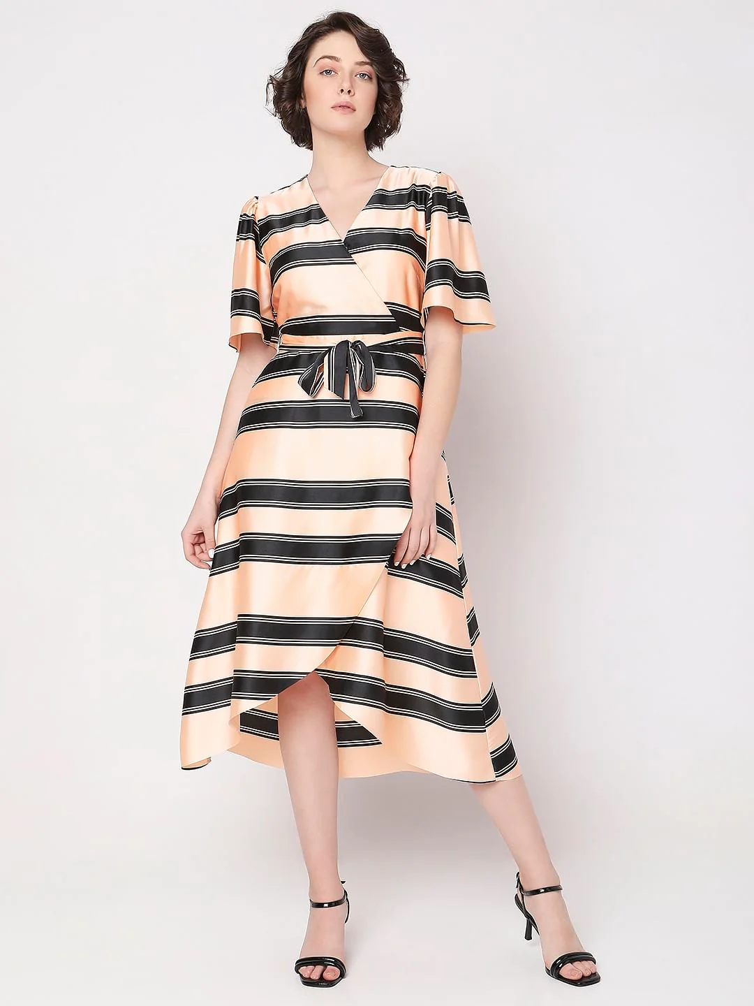 Peach Striped Fit & Flare Wrap Dress - Image 2