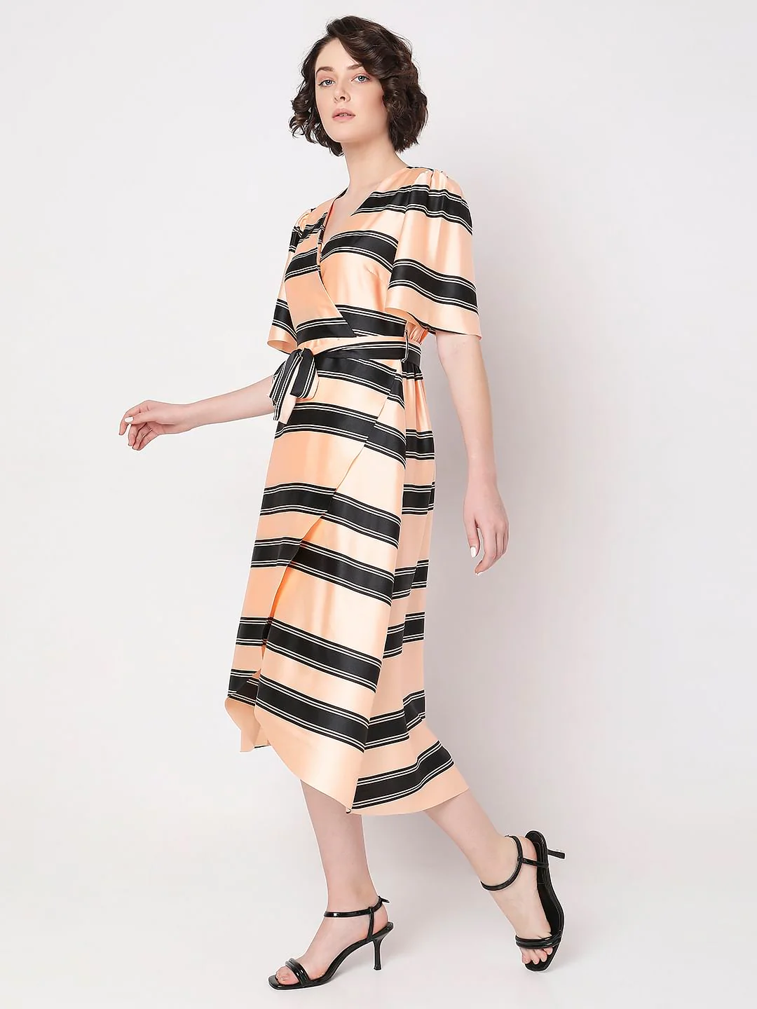 Peach Striped Fit & Flare Wrap Dress - Image 3