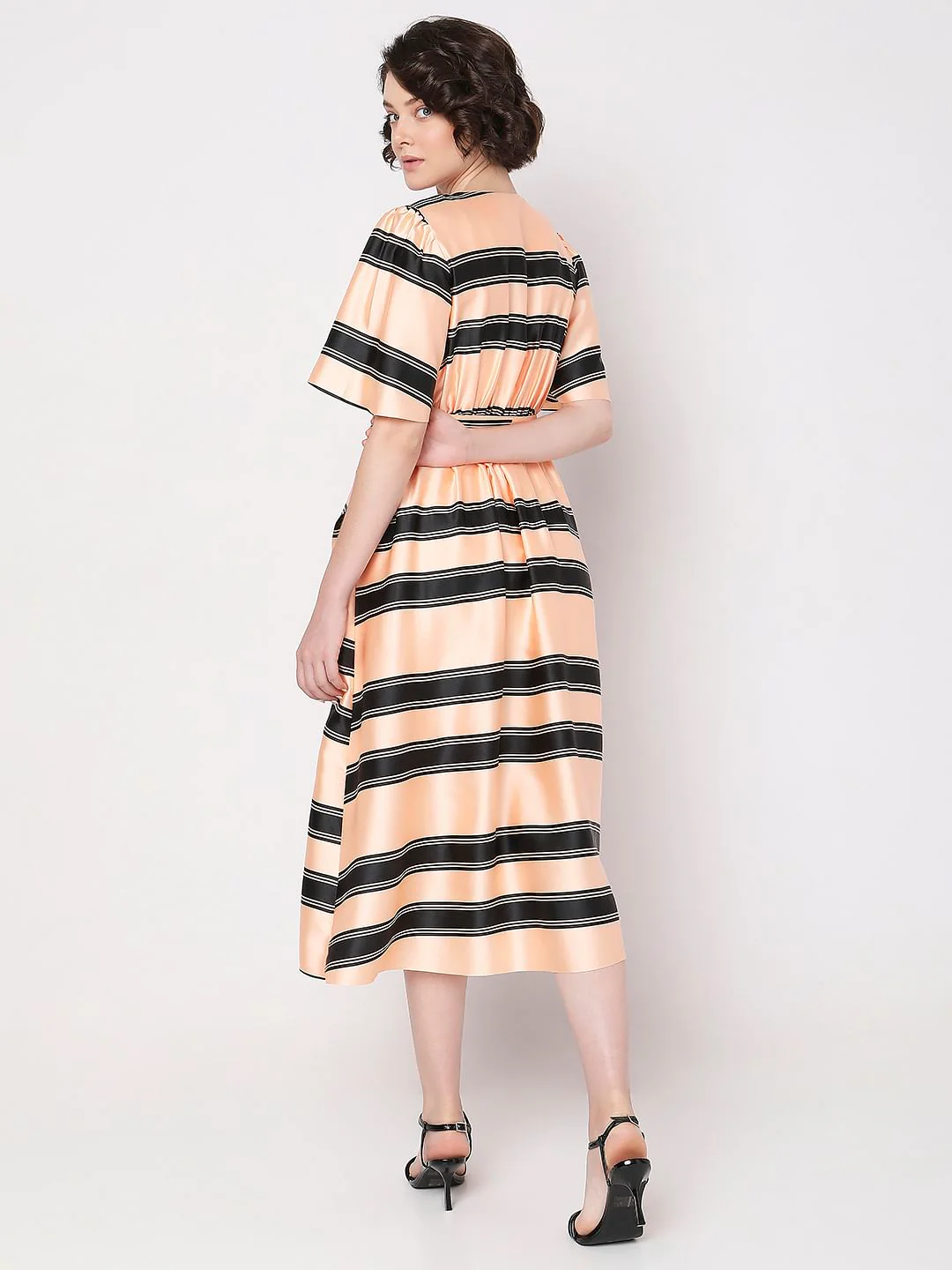 Peach Striped Fit & Flare Wrap Dress - Image 4