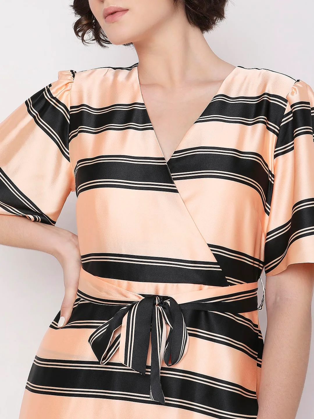 Peach Striped Fit & Flare Wrap Dress - Image 5