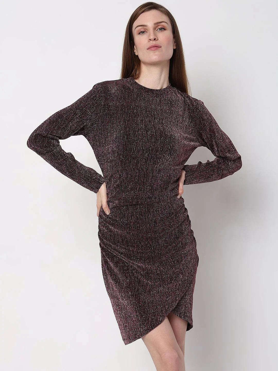 Maroon Metallic Lurex Bodycon Dress - Image 2