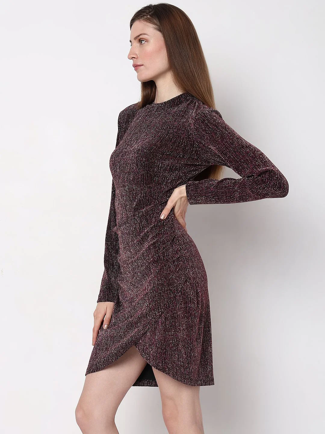 Maroon Metallic Lurex Bodycon Dress - Image 3