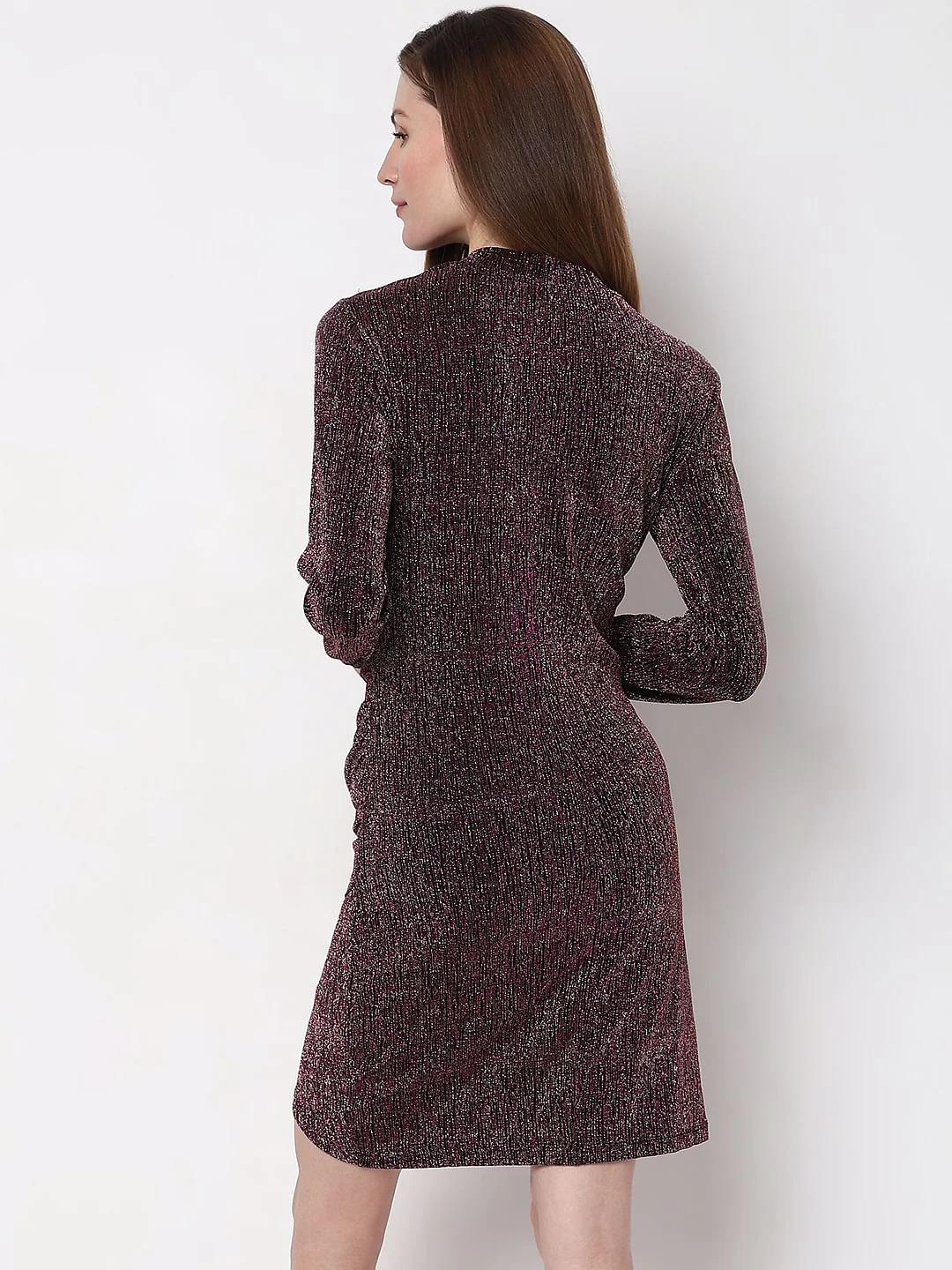 Maroon Metallic Lurex Bodycon Dress - Image 4