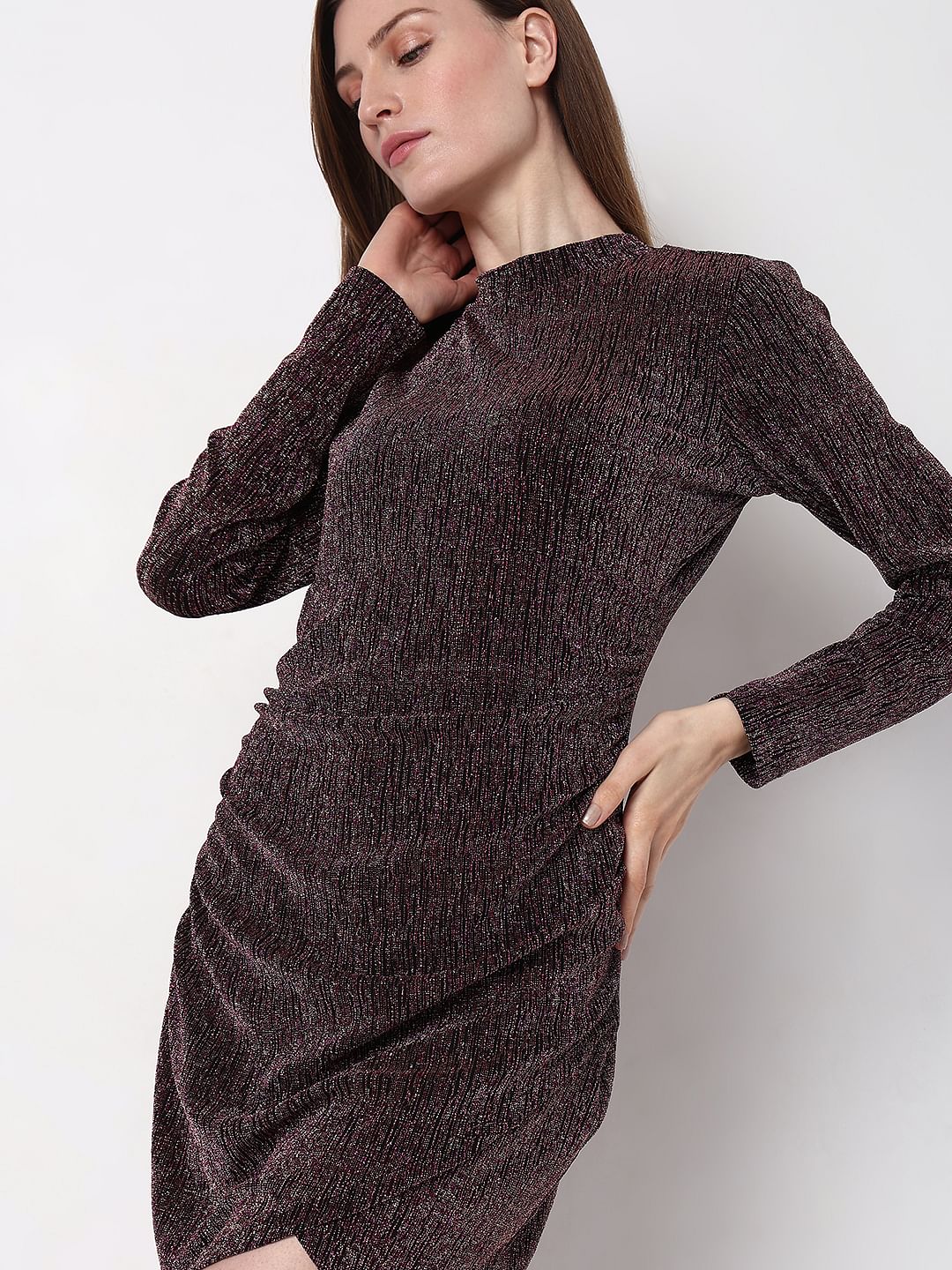 Maroon Metallic Lurex Bodycon Dress - Image 6