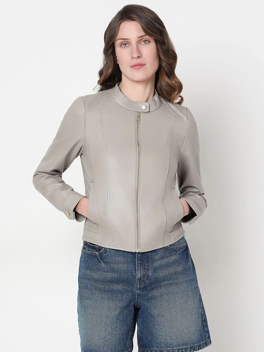 Grey Faux Leather Biker Jacket - Image 2