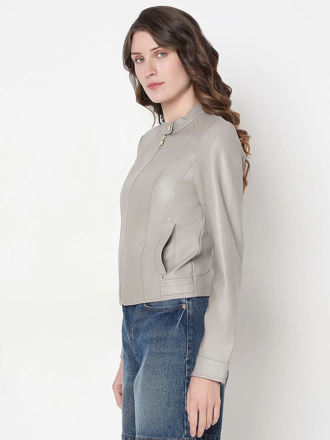 Grey Faux Leather Biker Jacket - Image 3