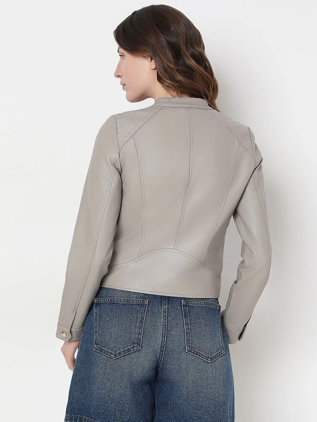 Grey Faux Leather Biker Jacket - Image 4
